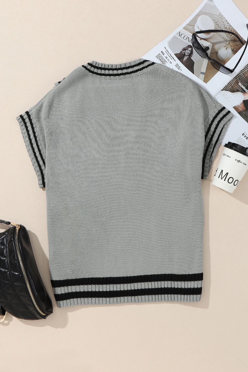 Gray V Neck Contrast Stripes Trims Short Sleeve Sweater Sweaters & Cardigans JT's Designer Fashion