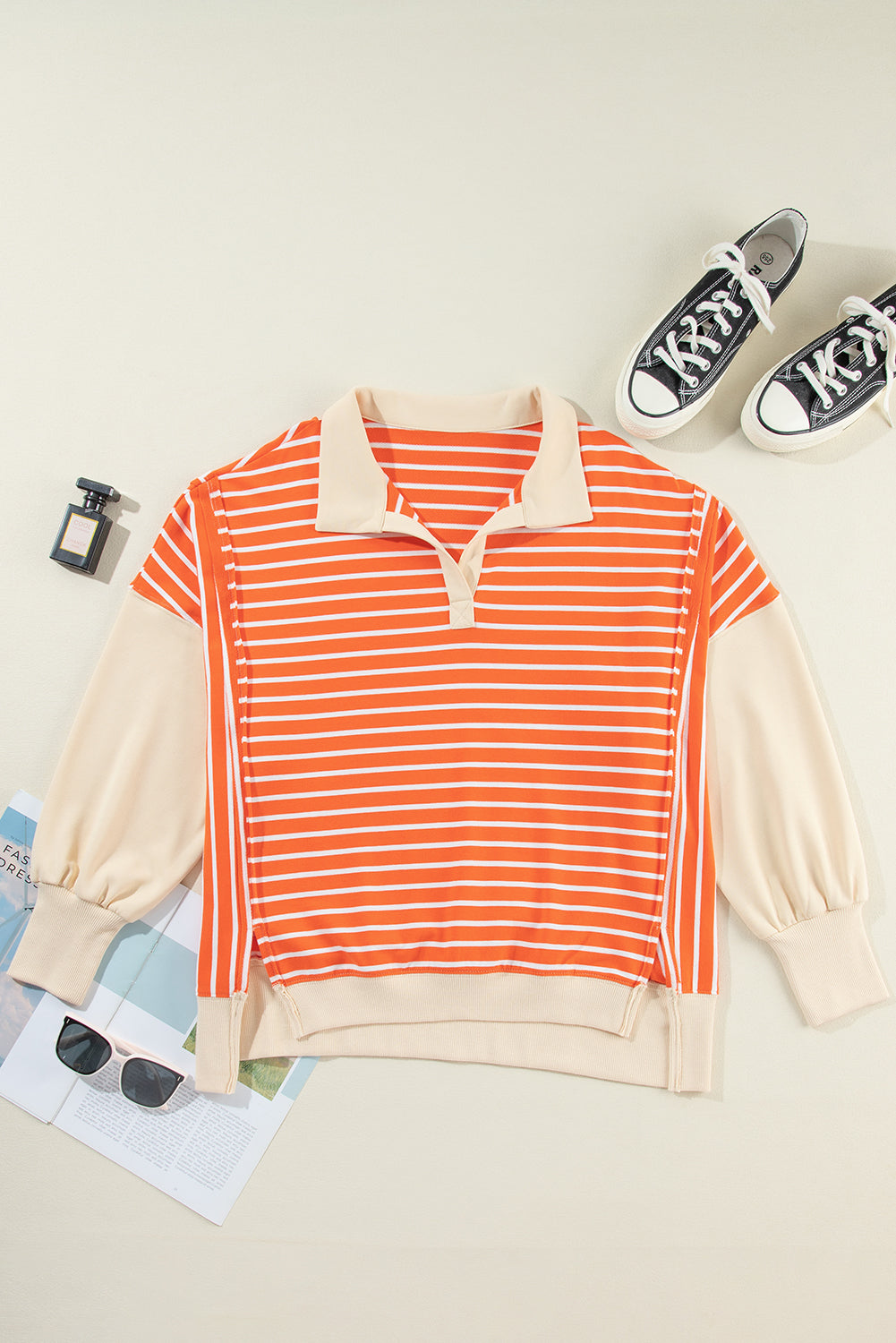 Orange Stripe Color Block Loose Fit Collared Drop Shoulder Sweatshirt Sweatshirts & Hoodies JT's Designer Fashion