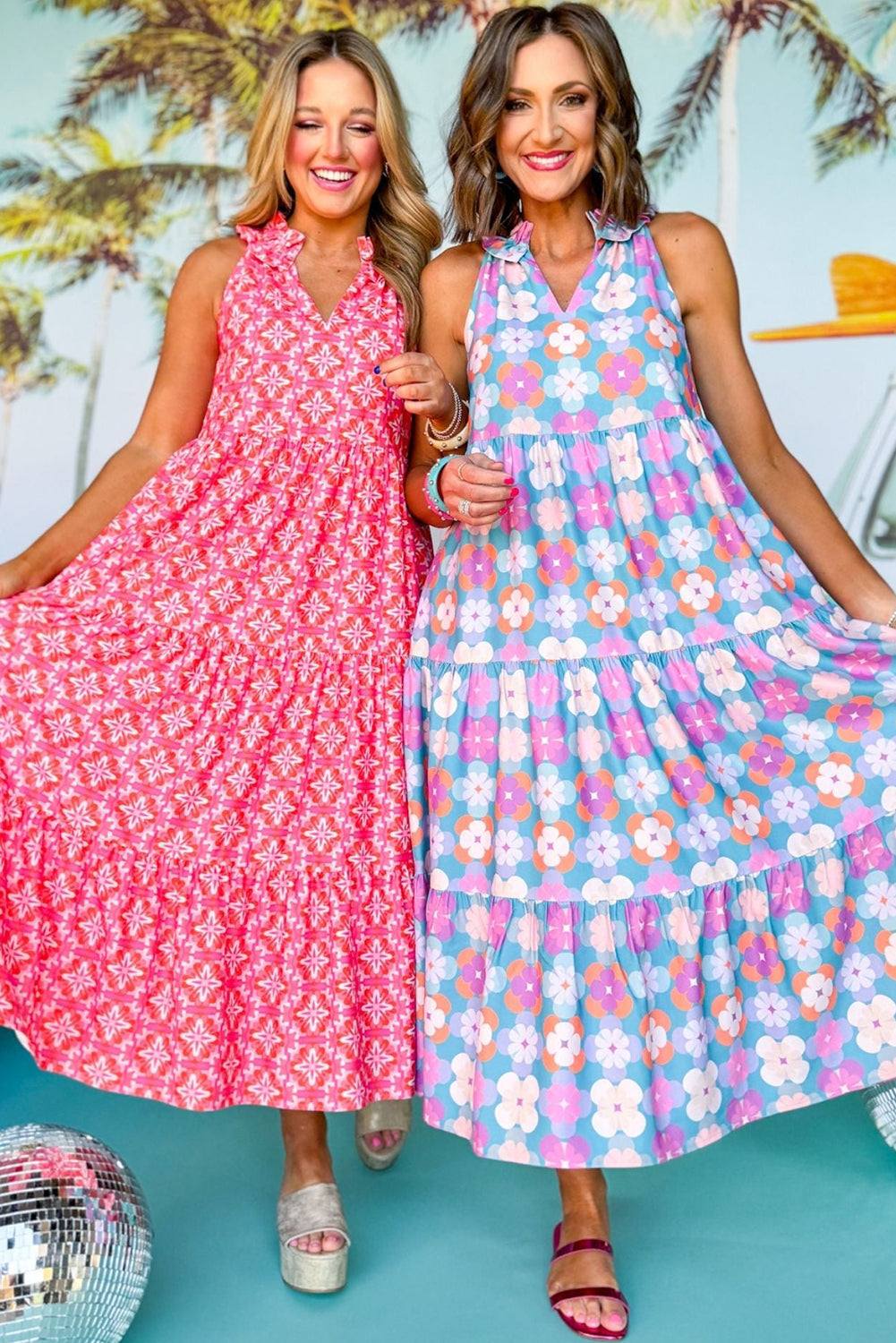 Sky Blue Frilly Split Neck Sleeveless Tiered Maxi Dress Dresses JT's Designer Fashion