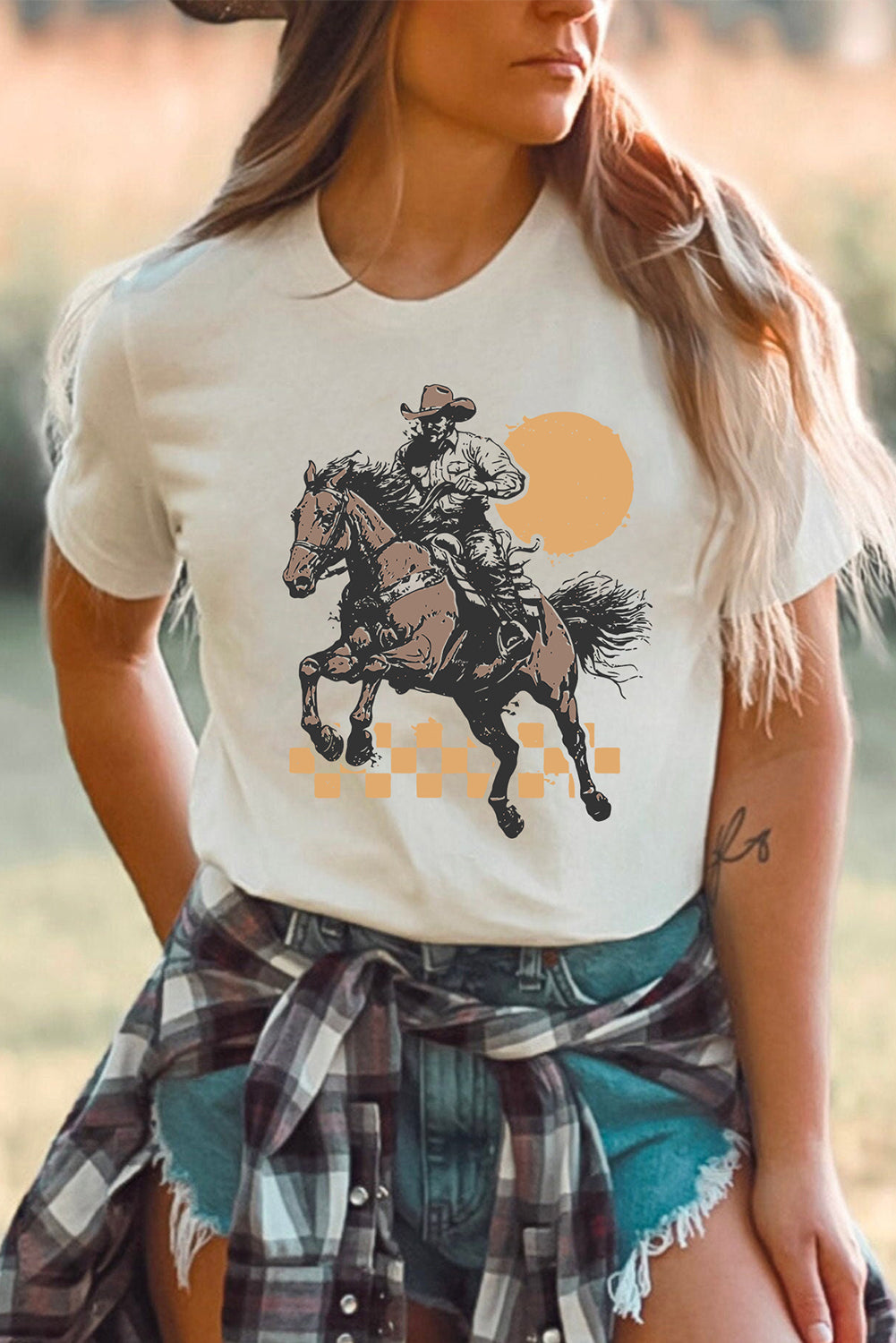 White Sunset Cowboy Print Western Fashion T Shirt Graphic Tees JT's Designer Fashion