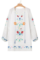 White Floral Print Boho Tassel Tie Split Neck Tucking Detail Puff Sleeve Mini Dress Mini Dresses JT's Designer Fashion