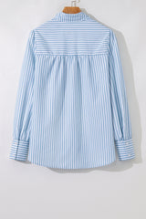 Sky Blue Stripe Shirred Detail Half Placket Collared Long Sleeve Fall Shirt Blouses & Shirts JT's Designer Fashion