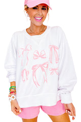 White Bowknot Pattern Corded Long Sleeve Drop Shoulder Top Long Sleeve Tops JT's Designer Fashion