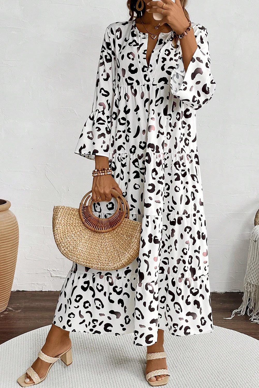 White Leopard Print Notch V Neck Loose Fit Long Dress Maxi Dresses JT's Designer Fashion