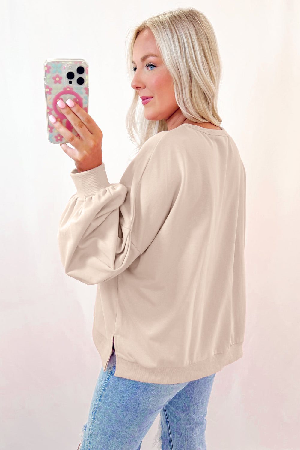 Parchment Embroidered Bow Lantern Sleeve Oversized Pullover Sweatshirt Sweatshirts & Hoodies JT's Designer Fashion