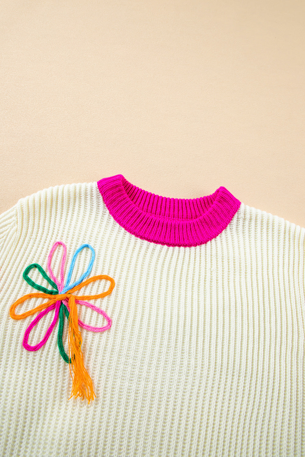 Beige Colorblock Flower Print Cable Knit Loose Sweater Sweaters JT's Designer Fashion