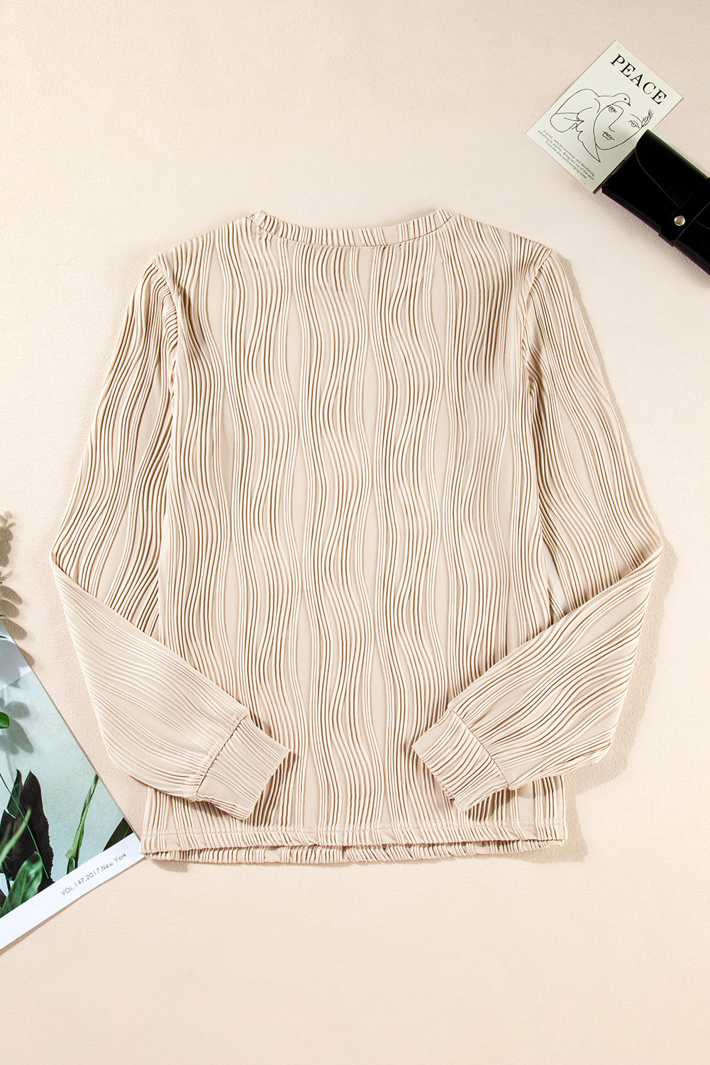 Apricot Textured Wavy Round Neck Long Sleeve Top Long Sleeve Tops JT's Designer Fashion