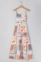Orange Multi Printed Ricrac Trim Spaghetti Straps Long Dress Maxi Dresses JT's Designer Fashion