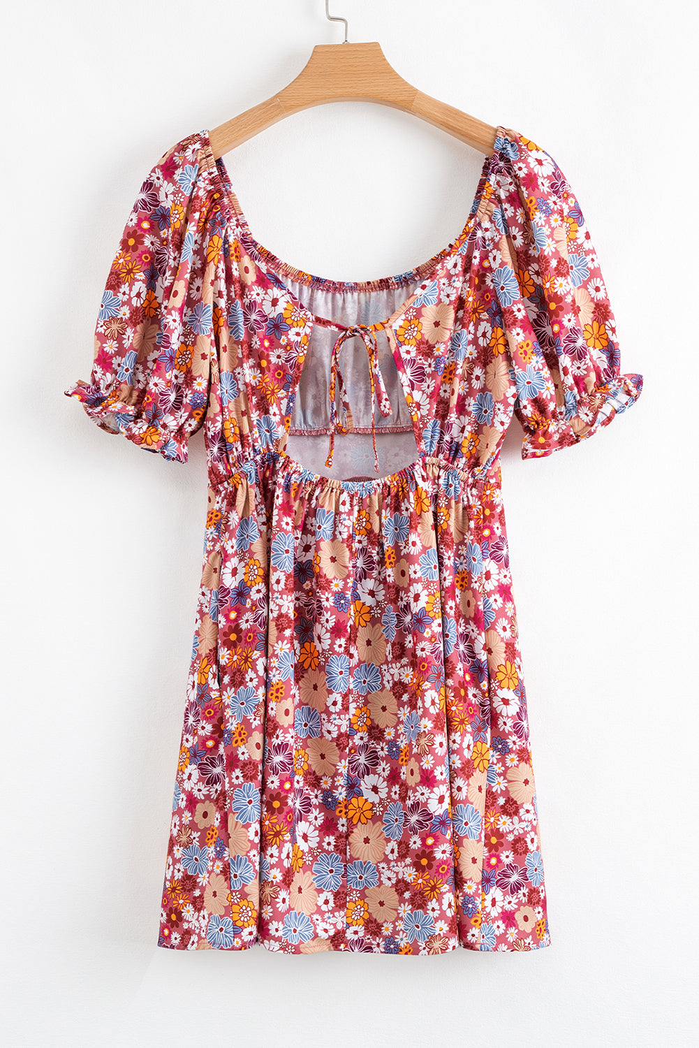Red Floral Puff Sleeve Square Neck Knot Open Back Mini Dress Floral Dresses JT's Designer Fashion