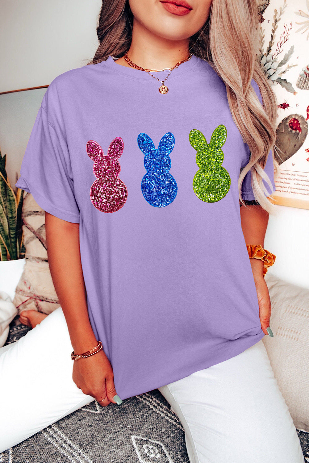 Wisteria Easter Shiny Bunny Graphic Crewneck T Shirt Graphic Tees JT's Designer Fashion