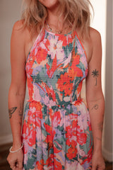 Multicolour Floral Print Smocked Halter Neck Sleeveless Wide Leg Jumpsuit Jumpsuits & Rompers JT's Designer Fashion