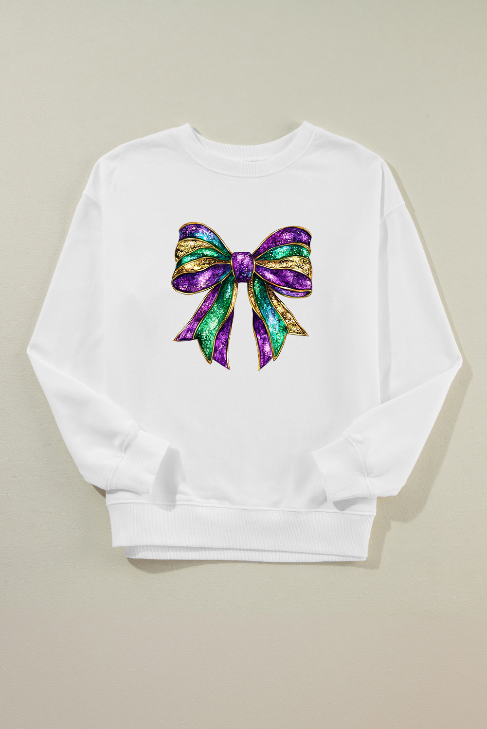 White Mardi Gras Bow Graphic Drop Shoulder Sweatshirt Graphic Sweatshirts JT's Designer Fashion