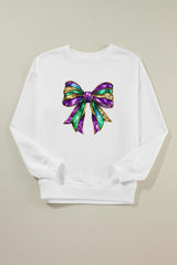 White Mardi Gras Bow Graphic Drop Shoulder Sweatshirt Graphic Sweatshirts JT's Designer Fashion