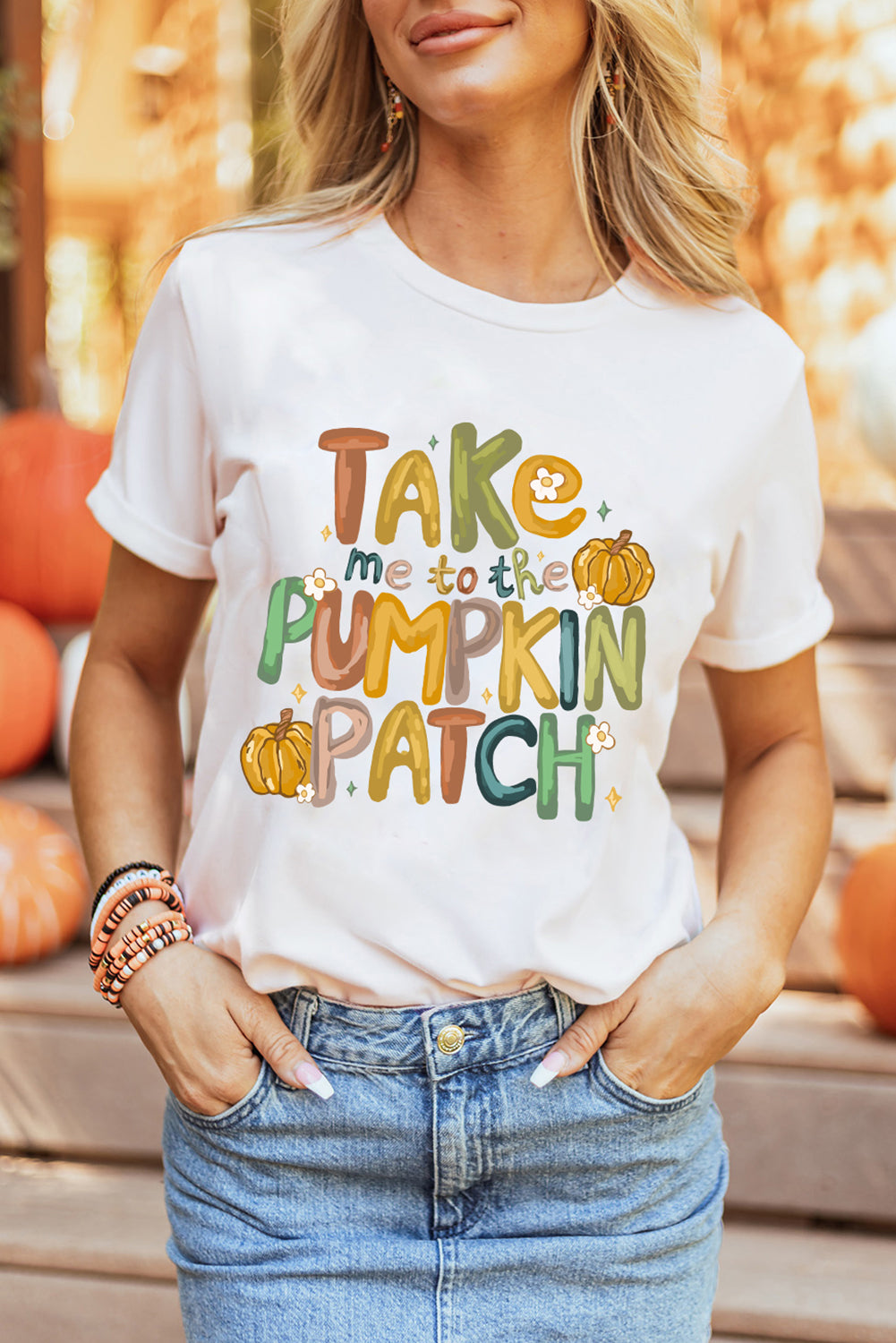 White Take Me To The Pumpkin Patch Cotton Blend T Shirt Graphic Tees JT's Designer Fashion
