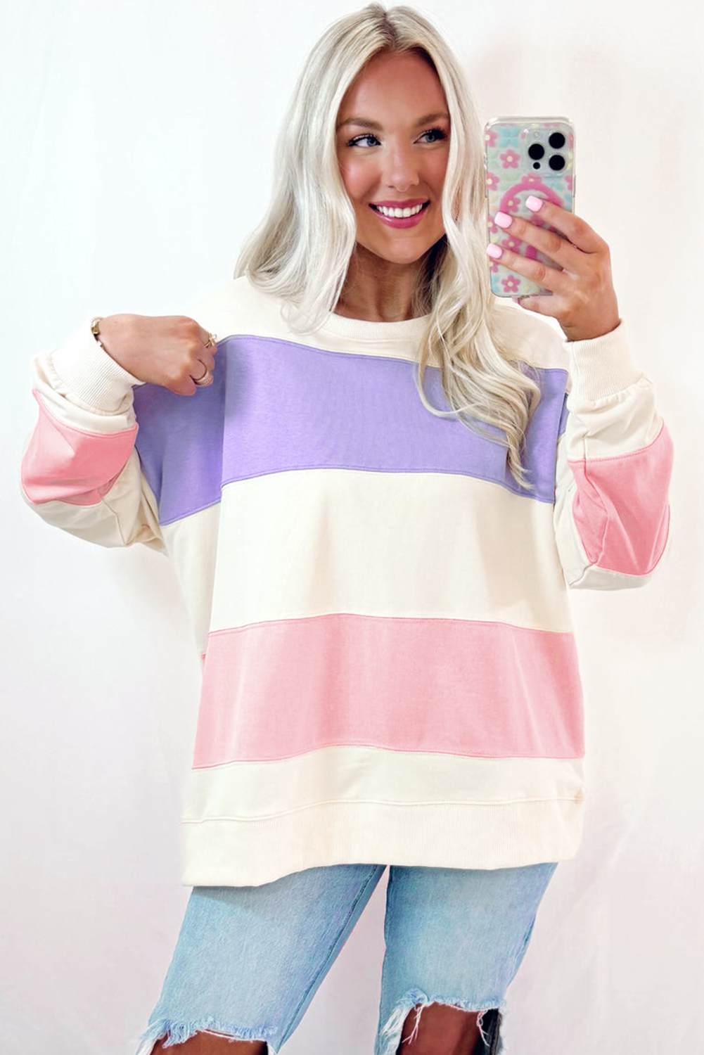Beige Colorblock Patchwork Drop Shoulder Crewneck Sweatshirt Sweatshirts & Hoodies JT's Designer Fashion