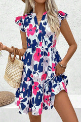 Fashion Floral Print Notched Neck Flutter Sleeve Mini Dress Rose 100%Polyester Floral Dresses JT's Designer Fashion