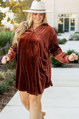 Coffee Plus Size V Neck Collared Pleated Back Rounded Hem Velvet Dress Plus Size Mini Dresses JT's Designer Fashion