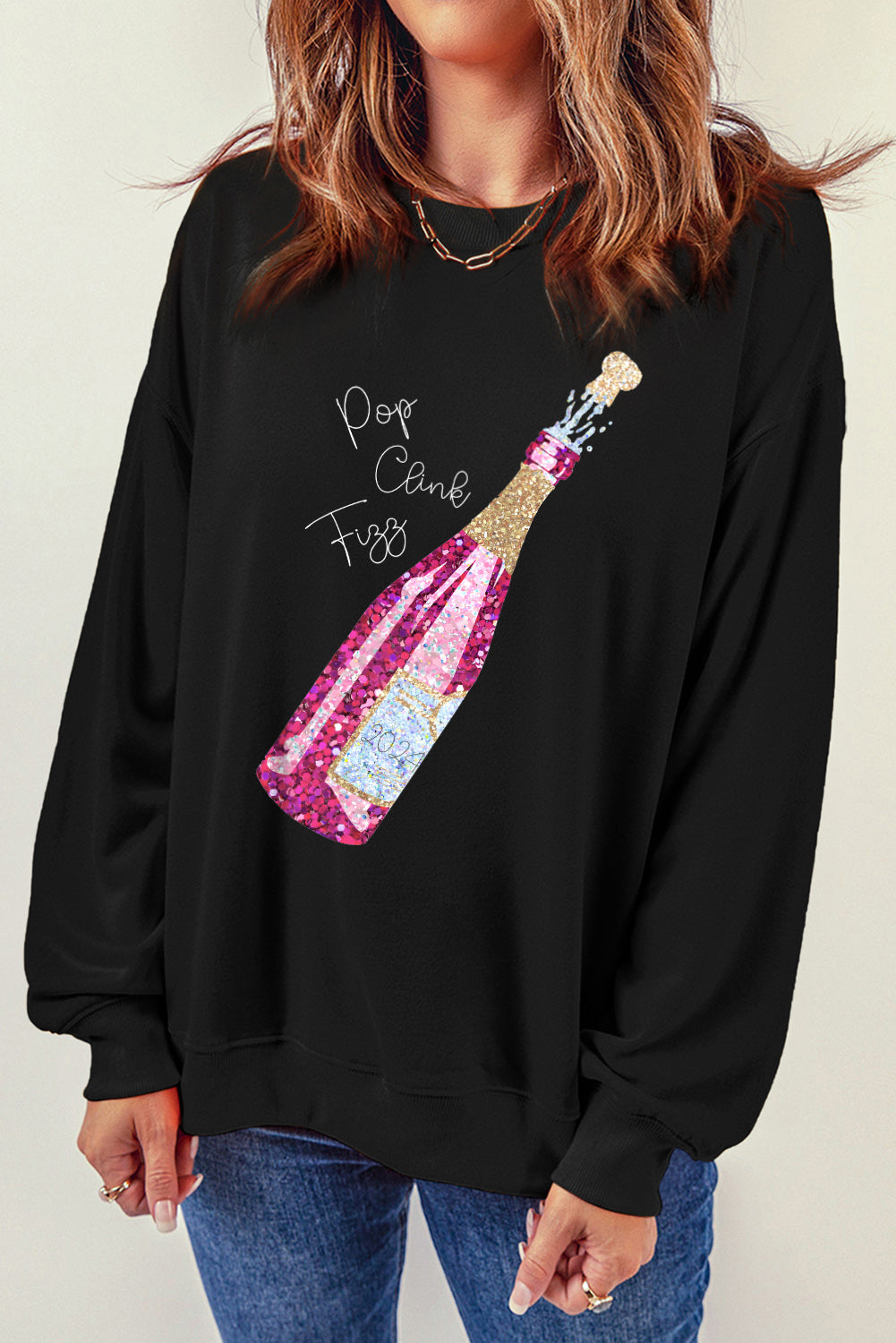 Black New Year Champagne Print Pullover Sweatshirt Graphic Sweatshirts JT's Designer Fashion