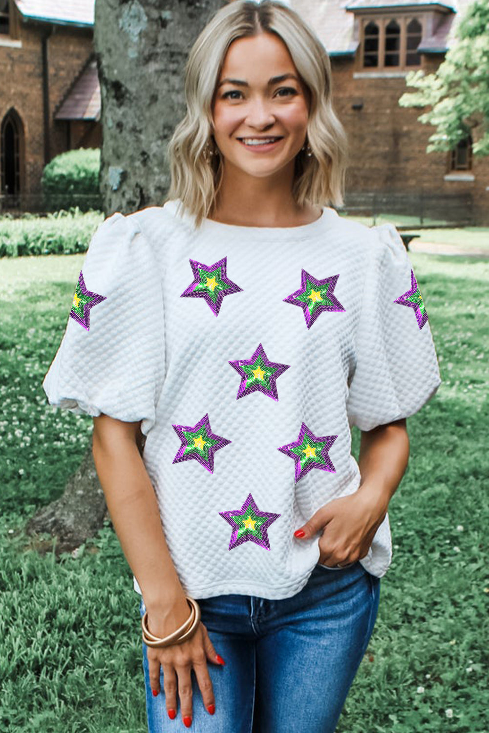 White Textured Sequin Mardi Gras Star Graphic Puff Sleeve Blouse Graphic Tees JT's Designer Fashion