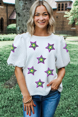 White Textured Sequin Mardi Gras Star Graphic Puff Sleeve Blouse Graphic Tees JT's Designer Fashion