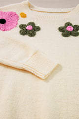 Beige Knitted Flower Pattern Ribbed Edge Sweater Sweaters JT's Designer Fashion
