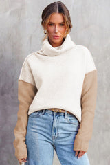 White Color Block Turtle Neck Drop Shoulder Knit Sweater Sweaters JT's Designer Fashion