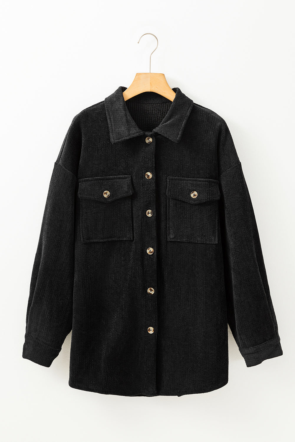 Black Corduroy Flap Pocket Button Up Shacket Jackets JT's Designer Fashion