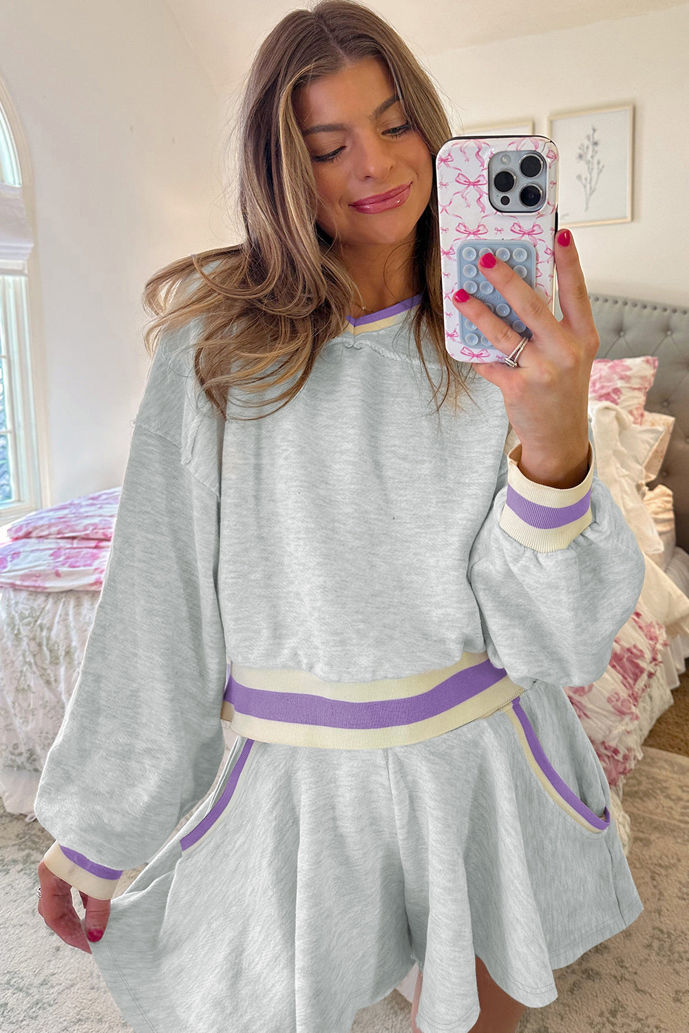 Light Grey Contrast Striped Bands Cropped Pullover and Athletic Short Set Short Sets JT's Designer Fashion