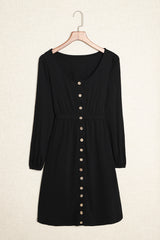 Black Button Up High Waist Long Sleeve Dress Midi Dresses JT's Designer Fashion