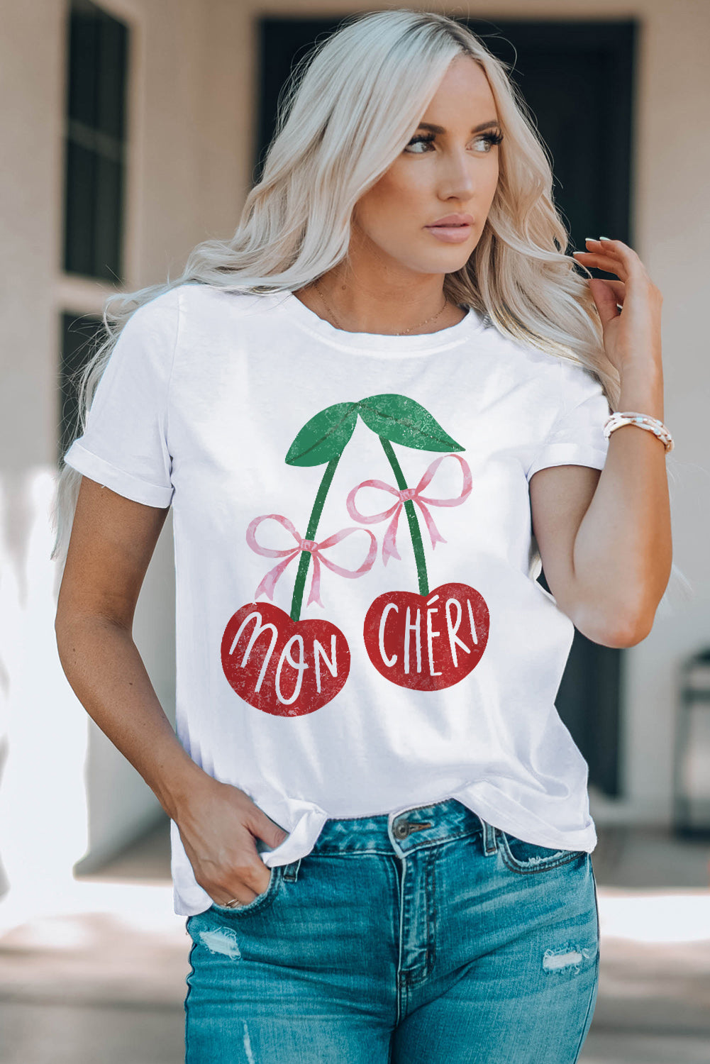 White Mon Cheri Cherry Graphic Crewneck T shirt Graphic Tees JT's Designer Fashion