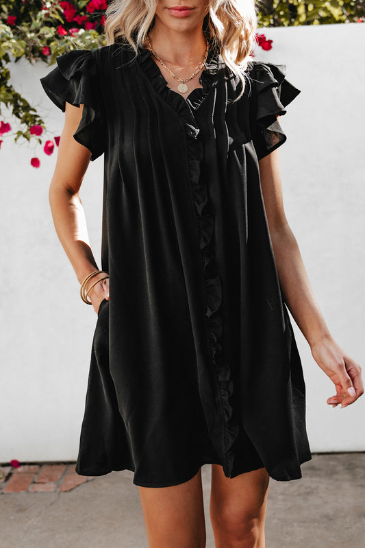 Black Ruffle Sleeve V Neck Frilled Shift Dress Mini Dresses JT's Designer Fashion