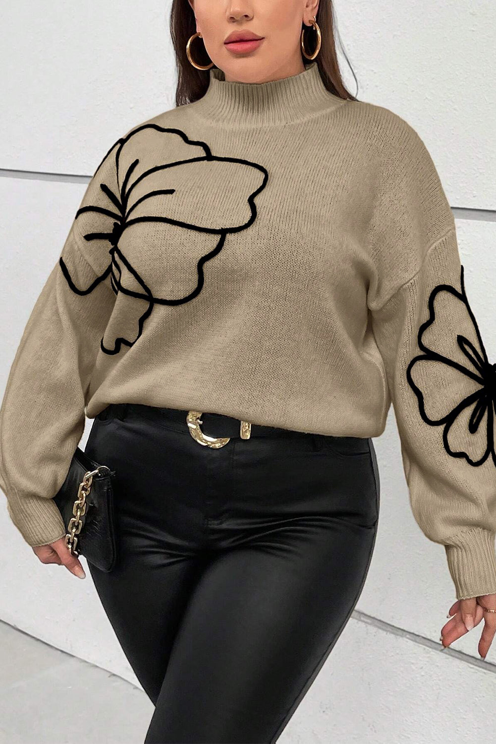 Dark Khaki Plus Size Big Flower Pattern High Neck Drop Shoulder Sweater Plus Size Sweaters & Cardigans JT's Designer Fashion