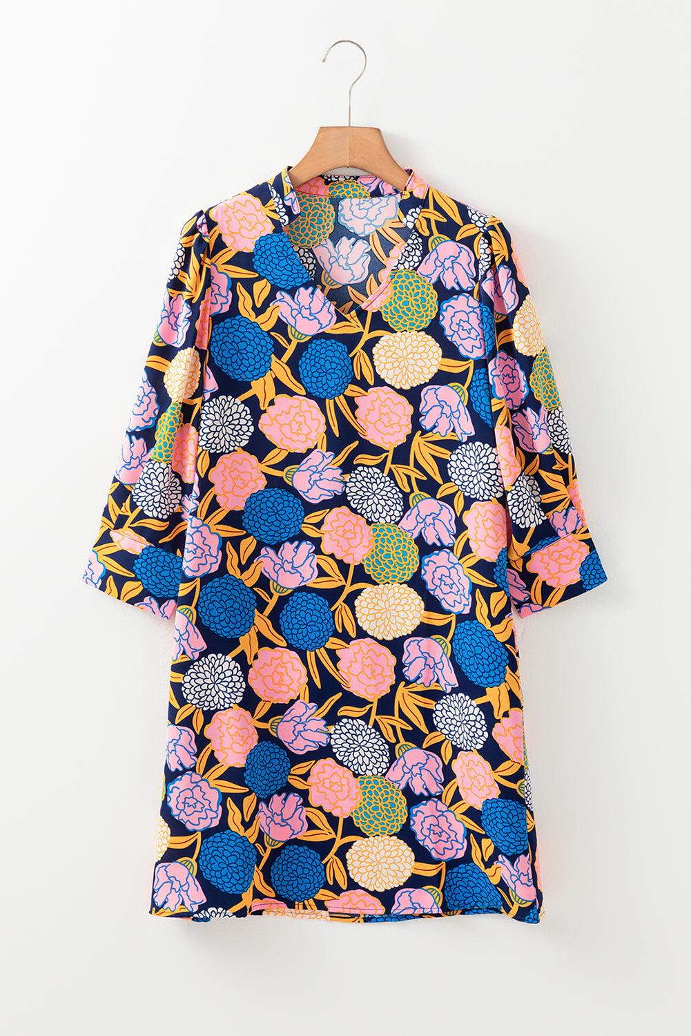 Navy Blue Hydrangea Floral Print Bishop Sleeve V Neck Shift Dress Floral Dresses JT's Designer Fashion