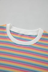 Pink Stripe Crew Neck Tee and Tasseled Drawstring Shorts Set Short Sets JT's Designer Fashion