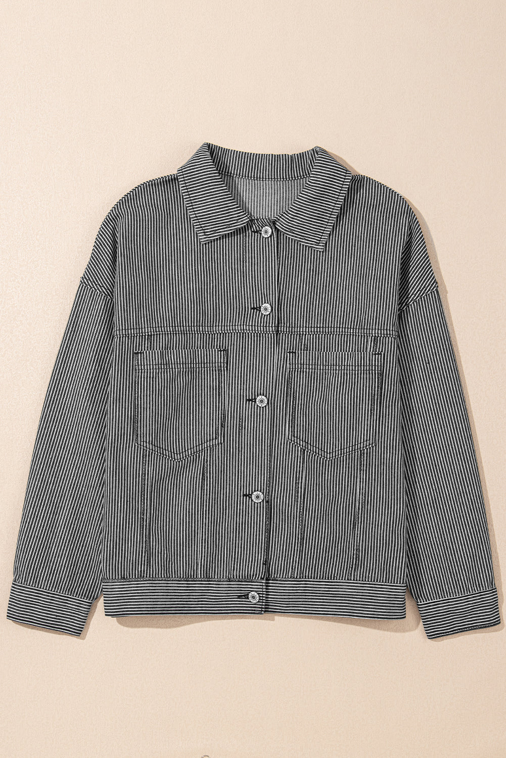 Blue Stripe Washed Oversize Pocketed Denim Jacket Denim Jackets JT's Designer Fashion