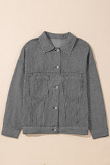 Blue Stripe Washed Oversize Pocketed Denim Jacket Denim Jackets JT's Designer Fashion