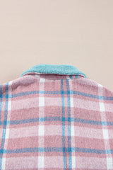 Pink Plaid Print Color Block Collared Flap Pockets Loose Shacket Plaid Shackets JT's Designer Fashion