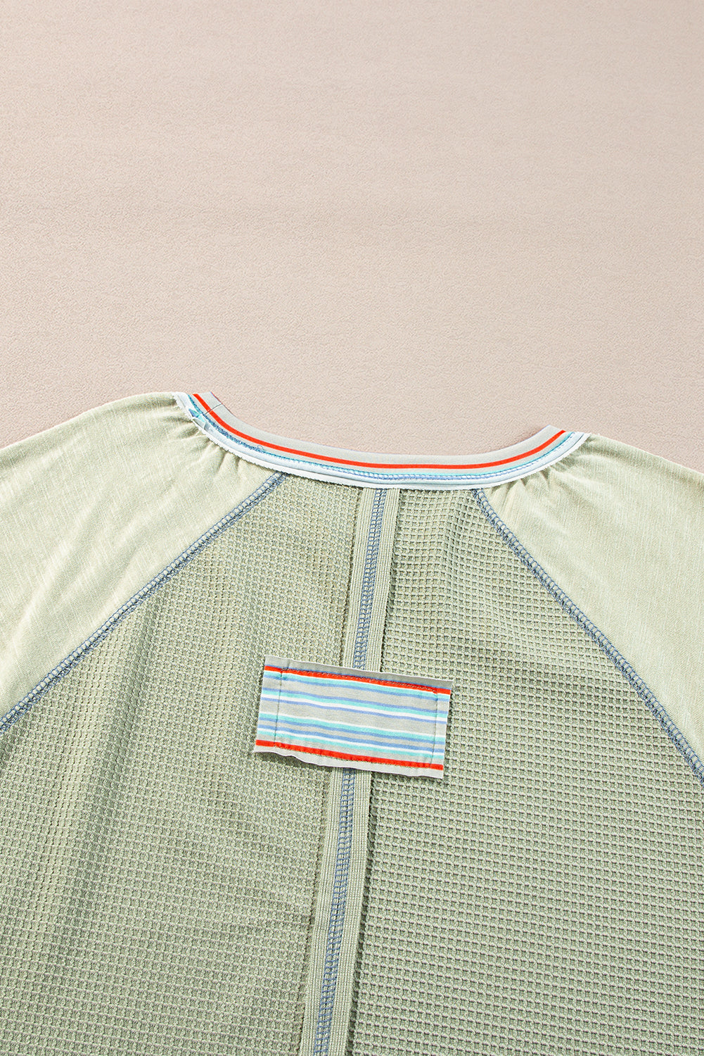 Meadow Mist Green Waffle Knit Wide Bracelet Sleeve Patchwork Raglan Top Long Sleeve Tops JT's Designer Fashion