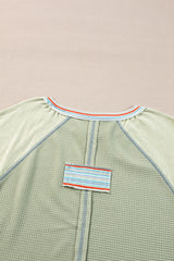 Meadow Mist Green Waffle Knit Wide Bracelet Sleeve Patchwork Raglan Top Long Sleeve Tops JT's Designer Fashion