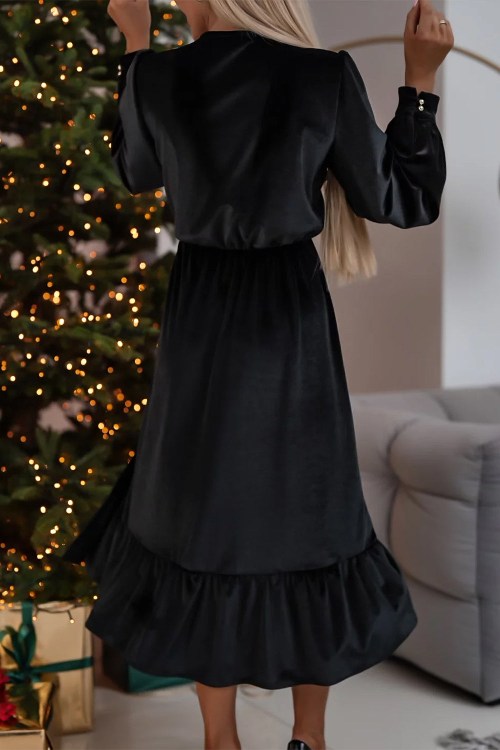 Black Velvet Buttoned Puff Sleeve V Neck Split Midi Dress Midi Dresses JT's Designer Fashion