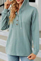 Mint Green Button Front Textured Drawstring Hooded Long Sleeve Top Long Sleeve Tops JT's Designer Fashion
