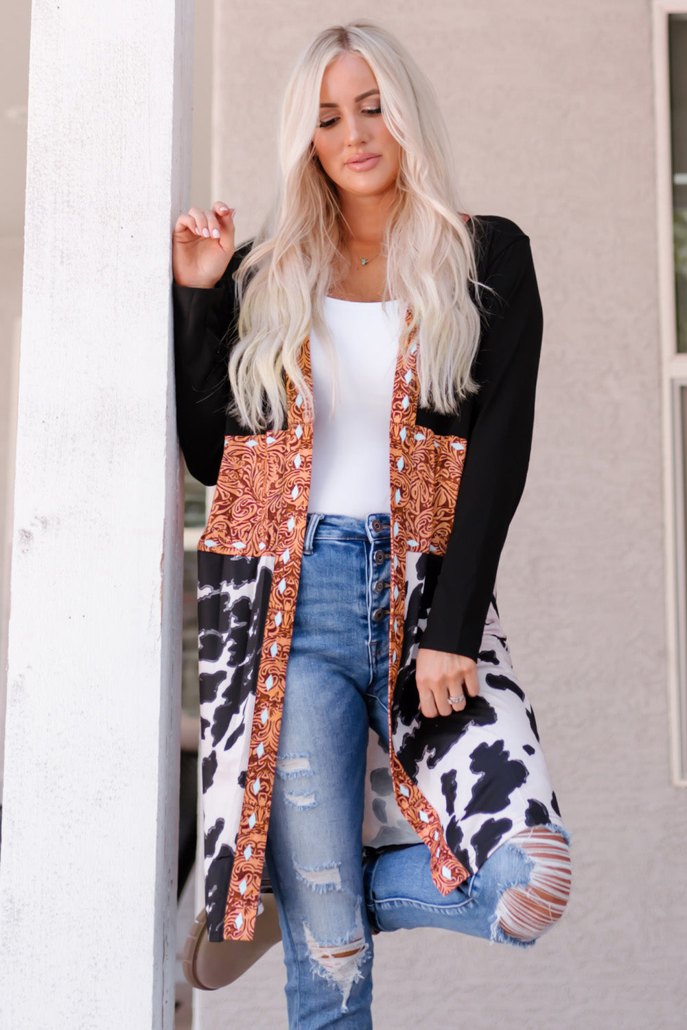 Black Western Pattern Cow Patchwork Open Front Cardigan Sweaters & Cardigans JT's Designer Fashion