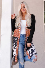 Black Western Pattern Cow Patchwork Open Front Cardigan Sweaters & Cardigans JT's Designer Fashion