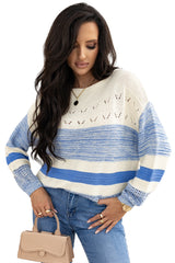 Light Blue Open Stitch Puff Sleeve Sweater Sweaters JT's Designer Fashion