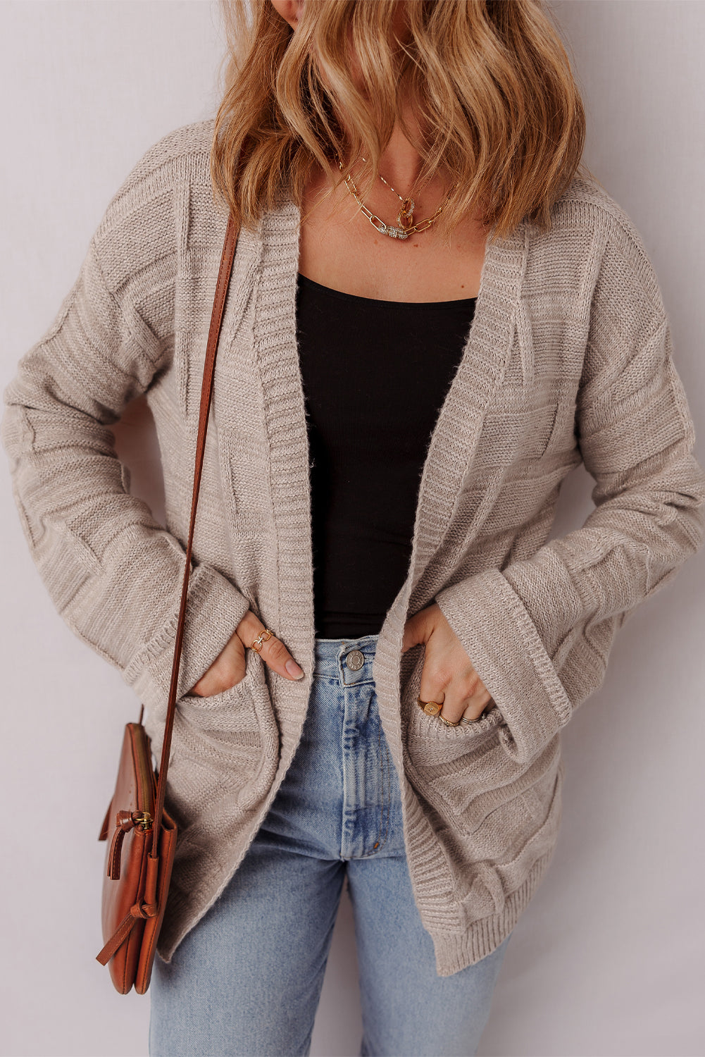 Delicacy Textured Knit Open Front Chic Cardigan with Pockets Cardigans JT's Designer Fashion