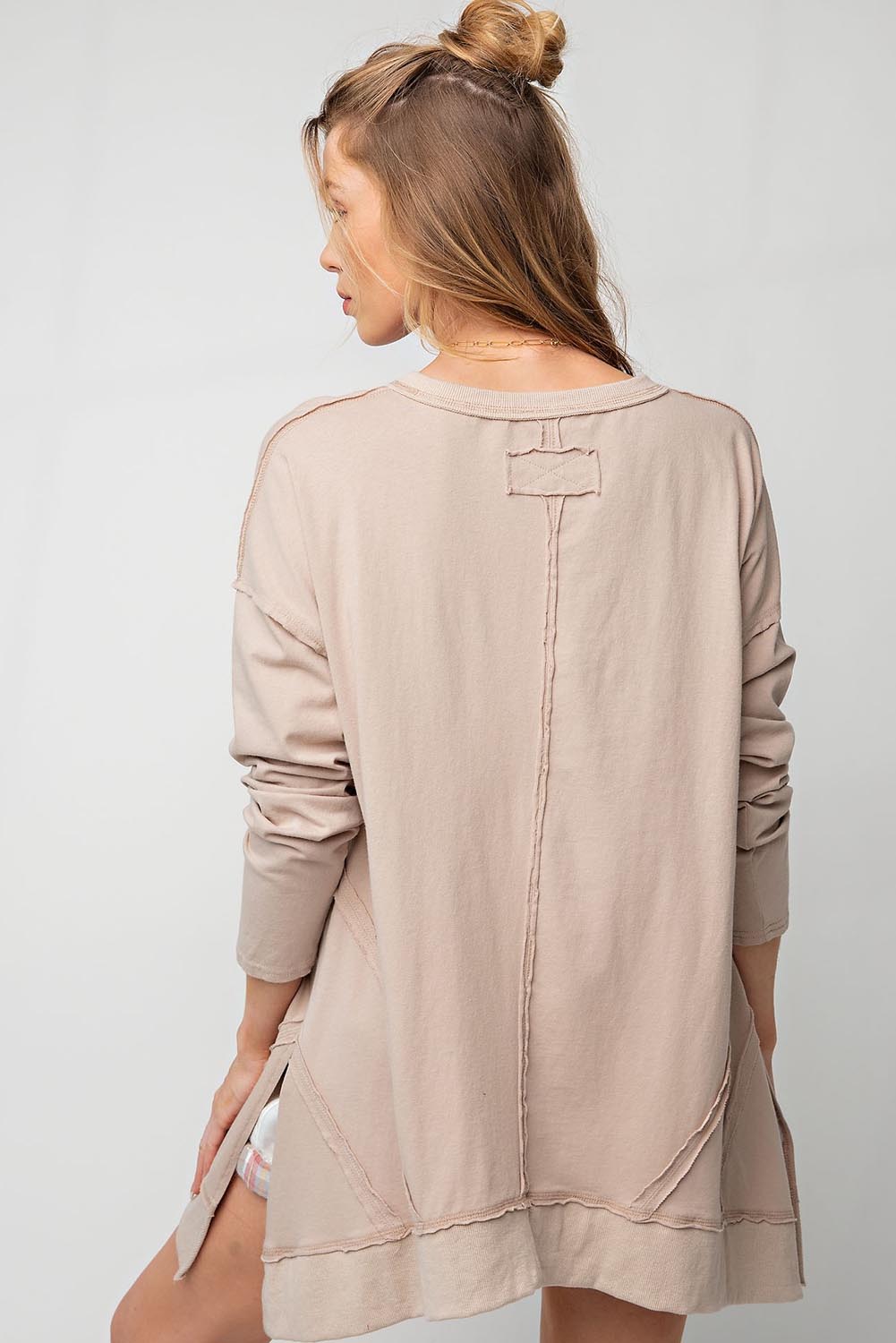 Apricot Exposed Seam V Neck Split Hem Tunic Top Long Sleeve Tops JT's Designer Fashion