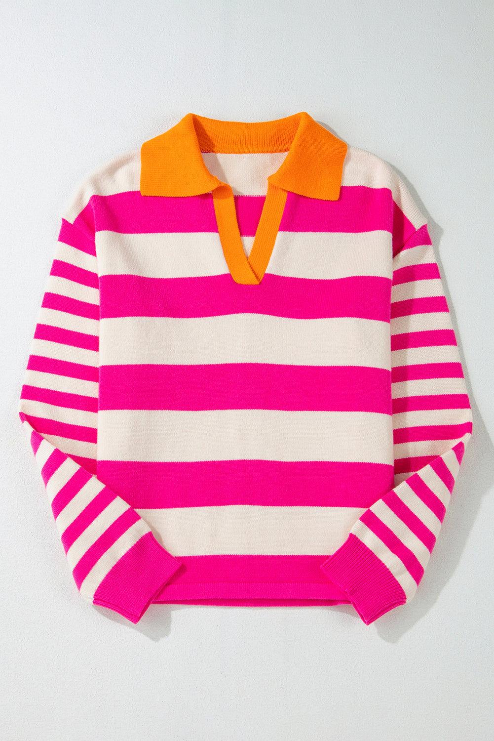 Rose Stripe Color Block Collared V Neck Drop Shoulder Sweater Sweaters JT's Designer Fashion