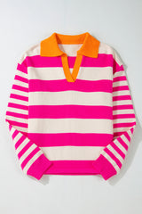 Rose Stripe Color Block Collared V Neck Drop Shoulder Sweater Sweaters JT's Designer Fashion