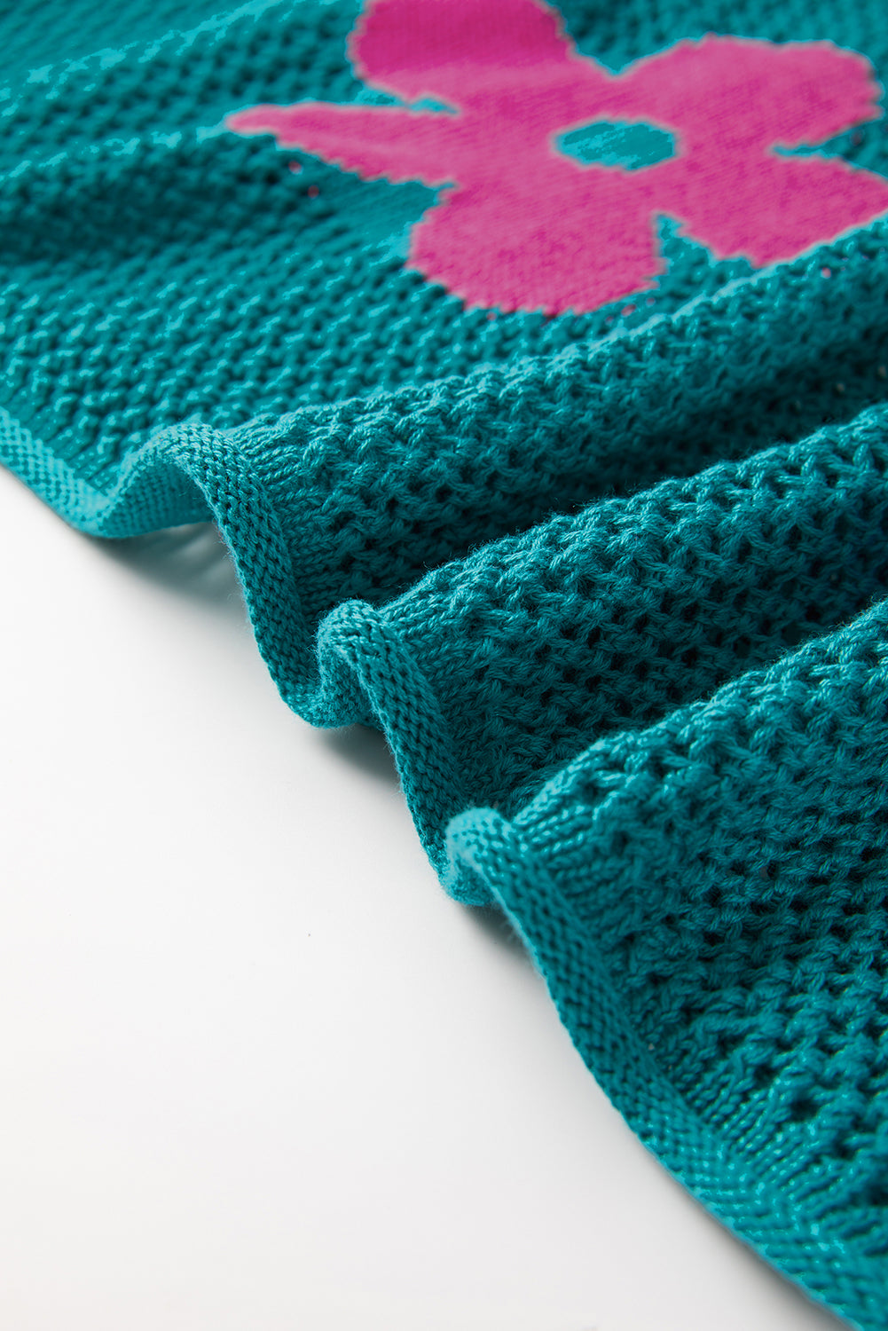 Sea Green Big Flower Hollowed Knit Drop Shoulder Sweater Sweaters JT's Designer Fashion