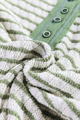 Green Stripe Textured Frilly Trim Buttons Henley Long Sleeve Top Long Sleeve Tops JT's Designer Fashion